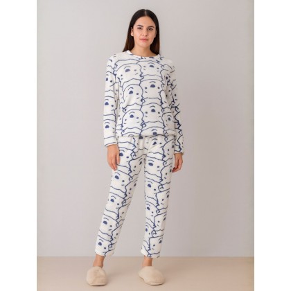 بيجامة فرو للصبايا لون ابيض برسومات كحلي