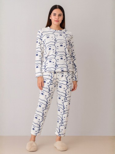 بيجامة فرو للصبايا لون ابيض برسومات كحلي