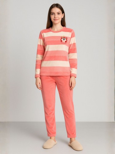 بيجامة فرو للصبايا مخطط لون زهري وأبيض