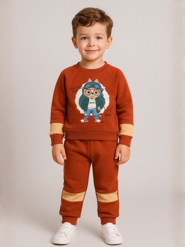 طقم بيجامة قطعتين للأطفال لون بني