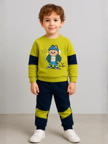 طقم بيجامة قطعتين للأطفال لون أخضر فاتح وكحلي