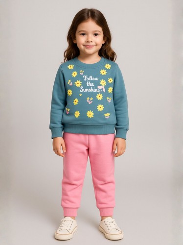 طقم بيجامة قطعتين للأطفال لون أزرق وزهري