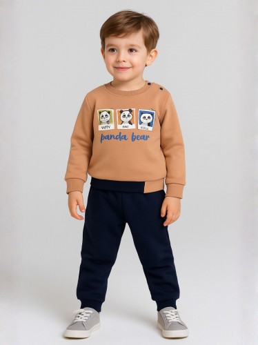 طقم بيجامة قطعتين للأطفال لون بيج وأسود