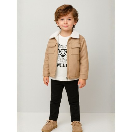 جاكيت ولادي بأزرار وأكمام طويلة للأطفال لون عسلي