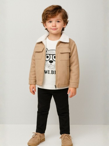 جاكيت ولادي بأزرار وأكمام طويلة للأطفال لون عسلي