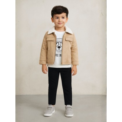 جاكيت ولادي بأزرار وأكمام طويلة للأطفال لون بيج