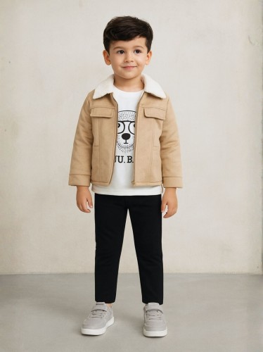 جاكيت ولادي بأزرار وأكمام طويلة للأطفال لون بيج