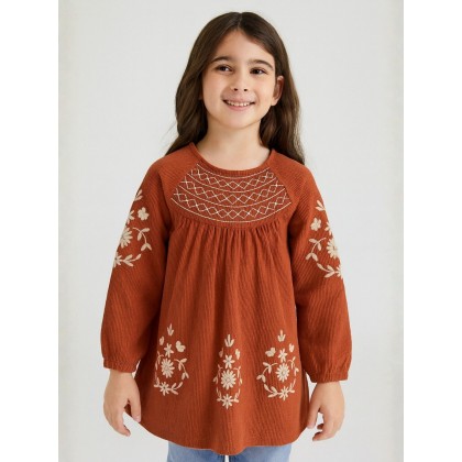 فستان بناتي بأكمام طويلة لون برتقالي