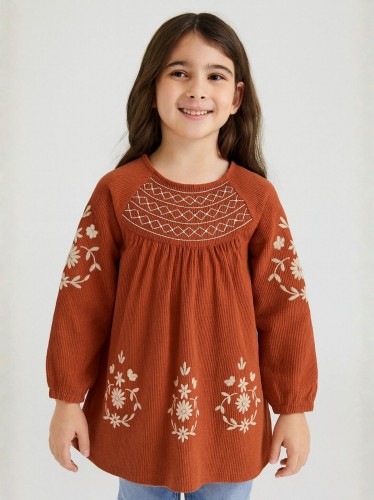 فستان بناتي بأكمام طويلة لون برتقالي