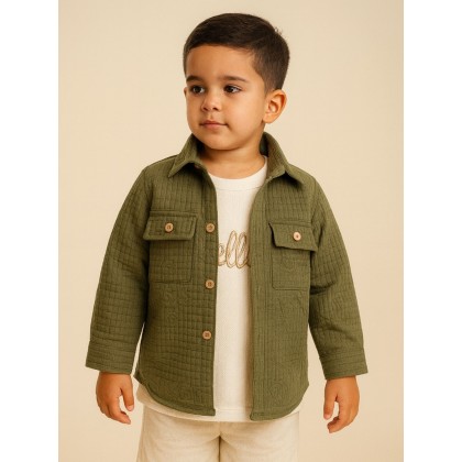 جاكيت ولادي بأزرار وأكمام طويلة للأطفال لون زيتي