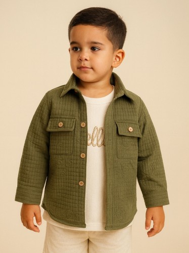 جاكيت ولادي بأزرار وأكمام طويلة للأطفال لون زيتي