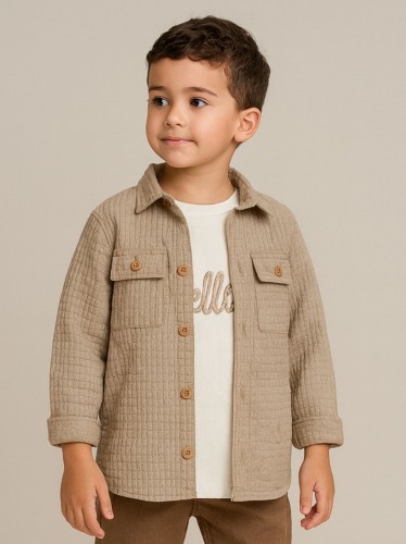 جاكيت ولادي بأزرار وأكمام طويلة للأطفال لون بيج