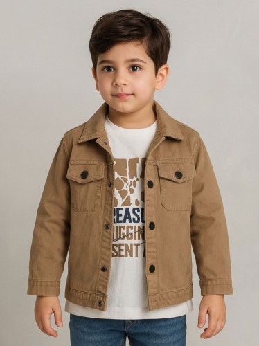 جاكيت ولادي بأزرار وأكمام طويلة للأطفال لون بيج