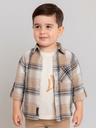 جاكيت ولادي بأزرار وأكمام طويلة للأطفال لون بيج