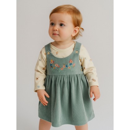 فستان لون اخضر مع بلوزة بيضاء