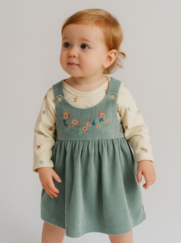 فستان لون اخضر مع بلوزة بيضاء