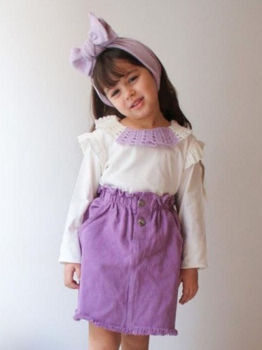 طقم بناتي فستان وتنورة أبيض وبنفسجي