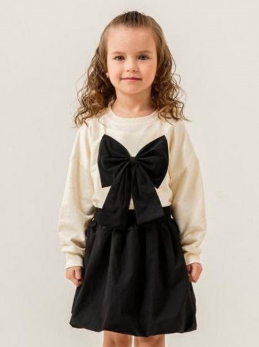 طقم بناتي فستان وتنورة أبيض وأسود