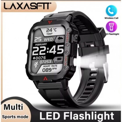 ساعة ذكية عسكرية للرجال بشاشة لمس 1.7 إنش - مزودة بكشاف- مثالية للمكالمات وتتبع اللياقة والتمارين الرياضية وضغط الدم