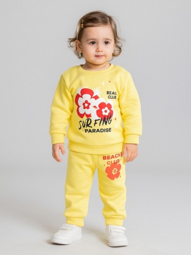 بجامة قطعتين بأكمام طويلة للأطفال لون اصفر