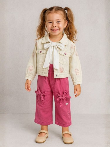 طقم بناتي جاكيت وبنطلون لون بيج وفوشي