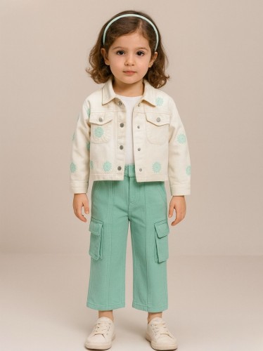 طقم بناتي جاكيت وبنطلون لون ابيض