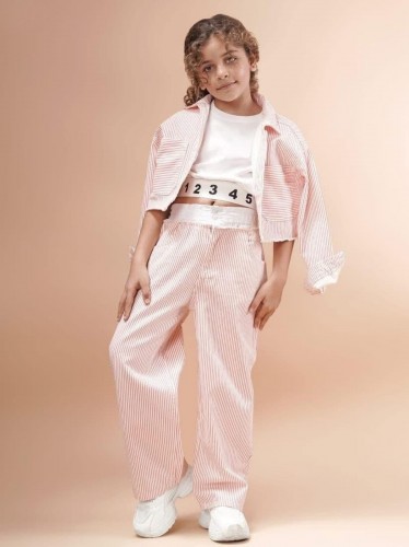 طقم قميص بناتي +بنطلون مخطط لون زهري