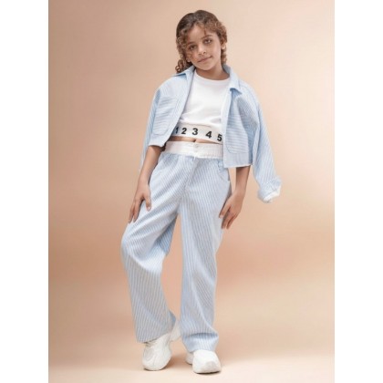 طقم قميص بناتي +بنطلون مخطط لون أزرق