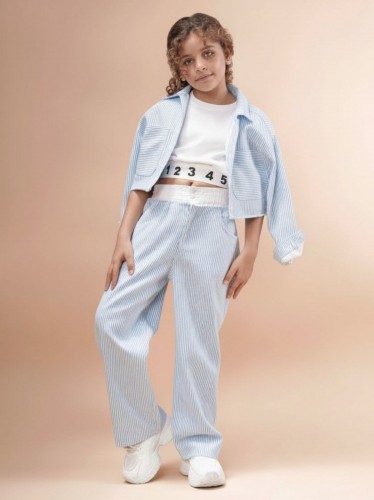 طقم قميص بناتي +بنطلون مخطط لون أزرق