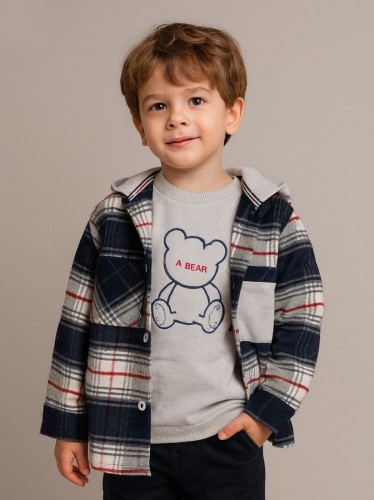 جاكيت ولادي بأزرار وأكمام طويلة لون سكني