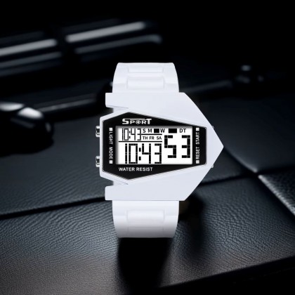 ساعة يد رقمية رياضية للرجال مع إضاءة LED حزام سيليكون لون أبيض
