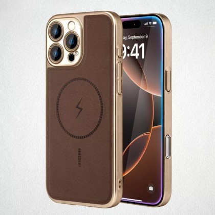 كفر جوال ايفون 15 برو ماكس فخم بتصميم جلد مميز متين مع حلقة تدعم الماج سيف لون بني غامق