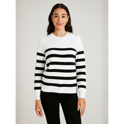 بلوزة ستاتي لون أبيض مخطط أسود