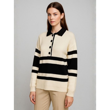 بلوزة ستاتي لون بيج مخطط أسود