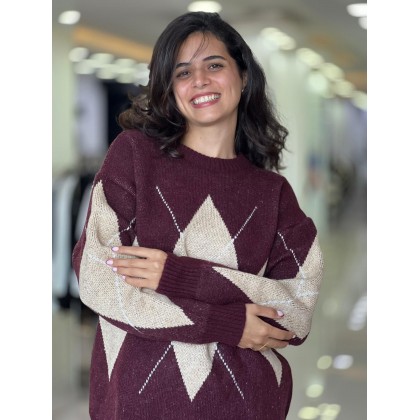 بلوزة ستاتي شتوي لون خمري نقشة بيج