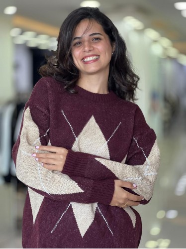 بلوزة ستاتي شتوي لون خمري نقشة بيج