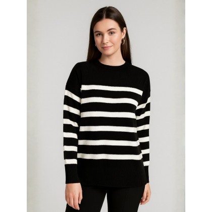 بلوزة ستاتي شتوي لون أسود مخطط أبيض