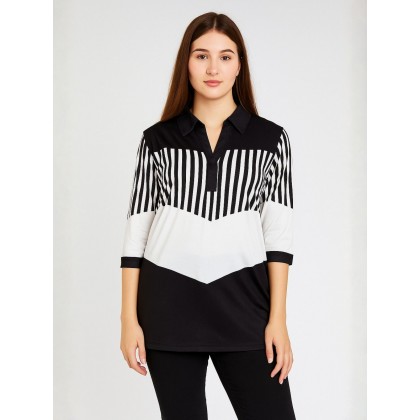 بلوزة كم طويل لون أبيض وأسود