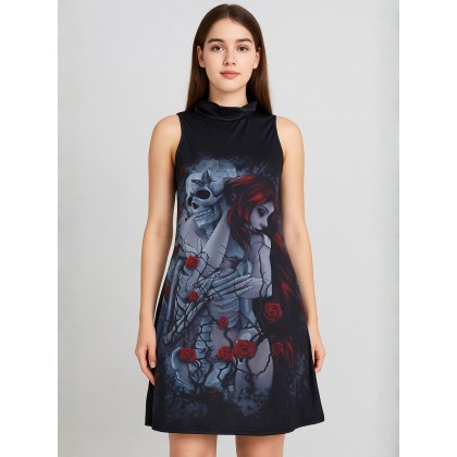 فستان صيفي نص كم للنساء لون أسود