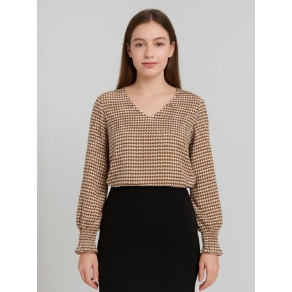 بلوزة كم طويل ستاتية لون بني