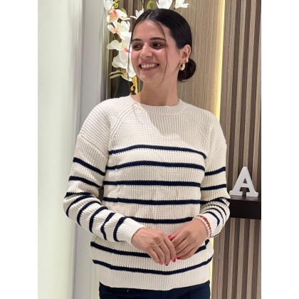 بلوزة ستاتي شتوي مخطط بيج وكحلي