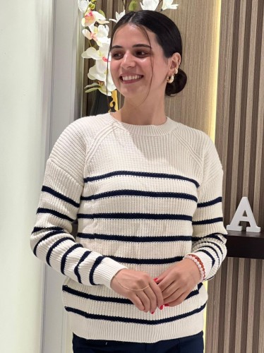 بلوزة ستاتي شتوي مخطط بيج وكحلي SHADE