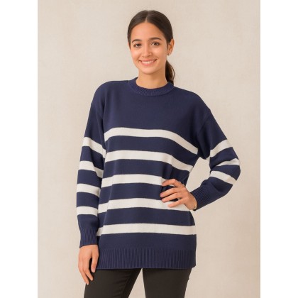 بلوزة ستاتي شتوي مخطط كحلي وأبيض