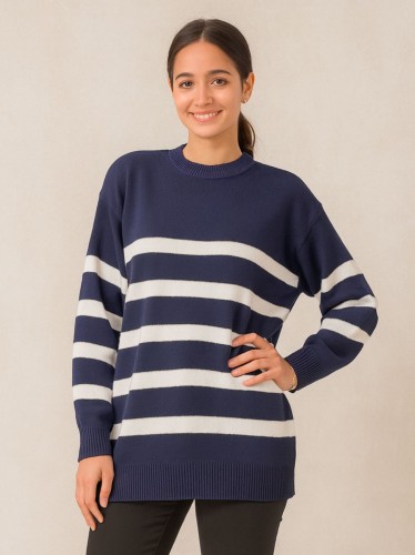 بلوزة ستاتي شتوي مخطط كحلي وأبيض Bianco Lucci