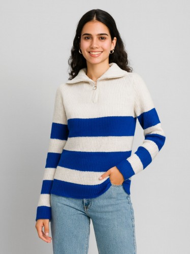 بلوزة ستاتي شتوي لون بيج مخطط نيلي