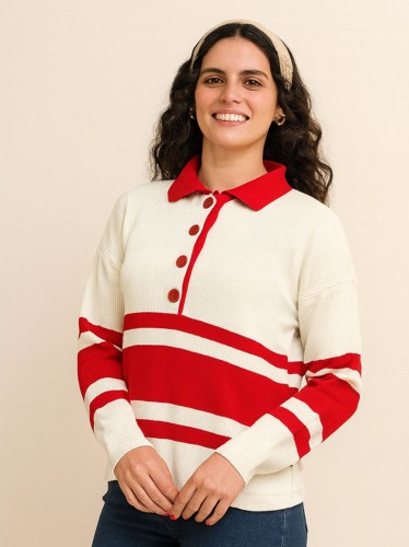 بلوزة ستاتي لون بيج مخطط أحمر