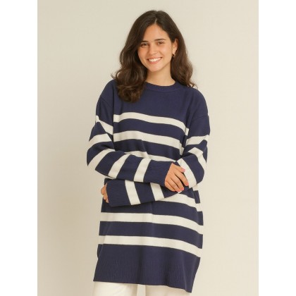 بلوزة ستاتي شتوي لون كحلي مخطط أبيض