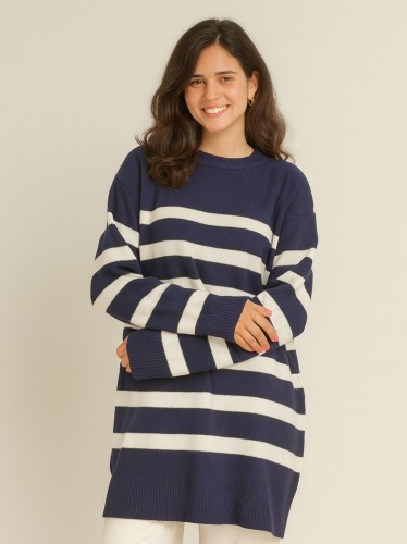 بلوزة ستاتي شتوي لون كحلي مخطط أبيض