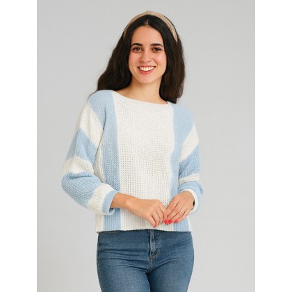 بلوزة ستاتي لون أزرق فاتح وبيج