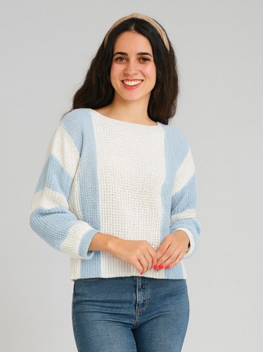 بلوزة ستاتي لون أزرق فاتح وبيج